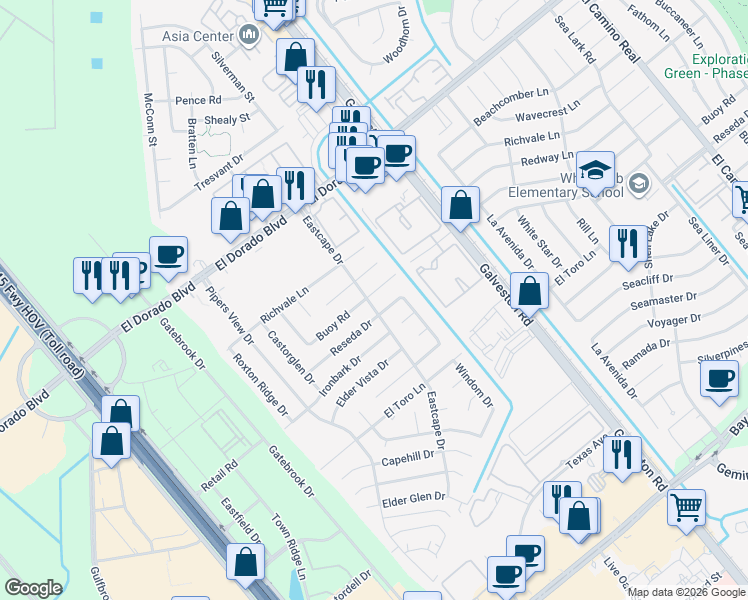 map of restaurants, bars, coffee shops, grocery stores, and more near 467 Reseda Drive in Webster
