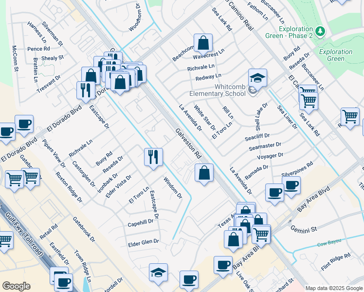 map of restaurants, bars, coffee shops, grocery stores, and more near 16200 Texas 3 in Webster