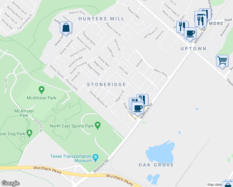 map of restaurants, bars, coffee shops, grocery stores, and more near 12211 Ridge Court Street in San Antonio