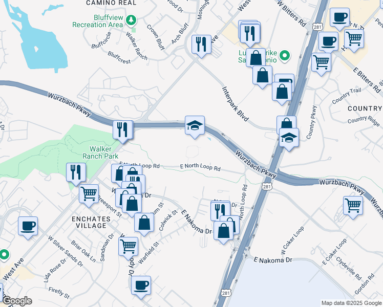 map of restaurants, bars, coffee shops, grocery stores, and more near 109 Northeast Loop 410 in San Antonio