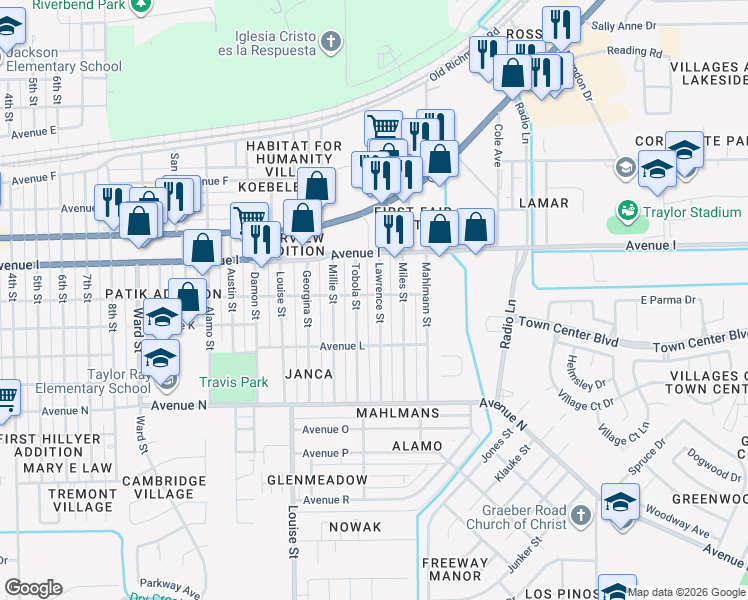 map of restaurants, bars, coffee shops, grocery stores, and more near 1202 Lawrence Street in Rosenberg