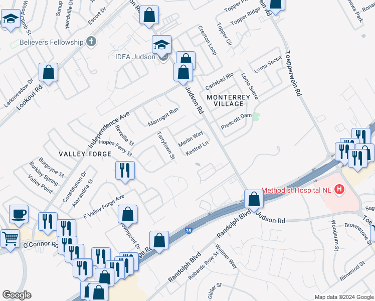 map of restaurants, bars, coffee shops, grocery stores, and more near 6419 Kestrel Lane in San Antonio