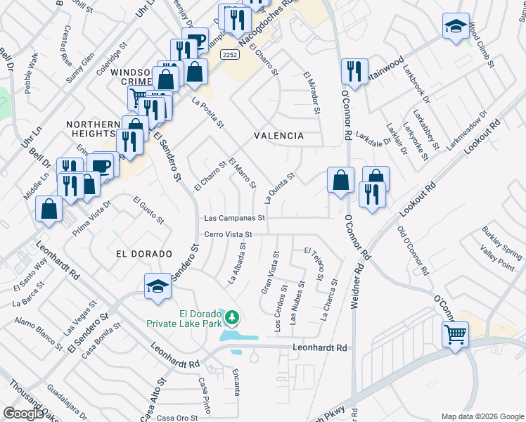 map of restaurants, bars, coffee shops, grocery stores, and more near 12707 La Quinta St in San Antonio