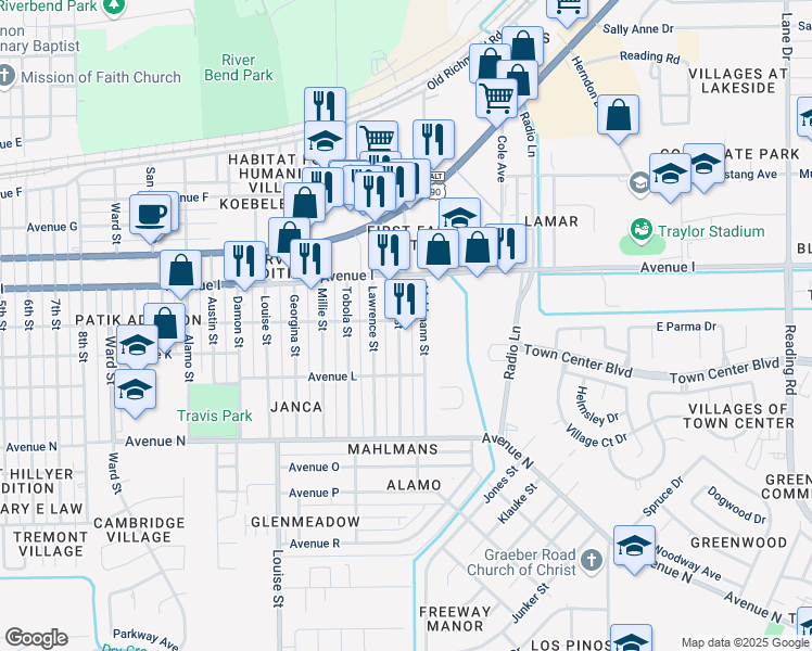 map of restaurants, bars, coffee shops, grocery stores, and more near 1203 Miles Street in Rosenberg