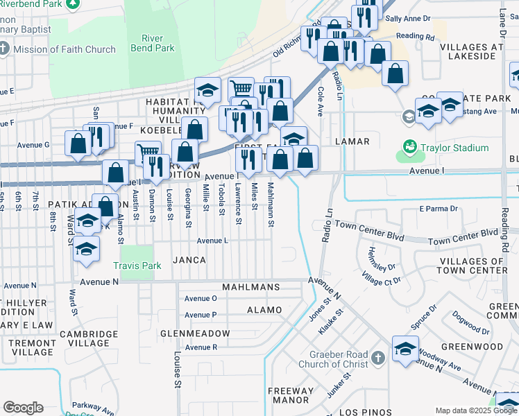 map of restaurants, bars, coffee shops, grocery stores, and more near 1203 Miles Street in Rosenberg