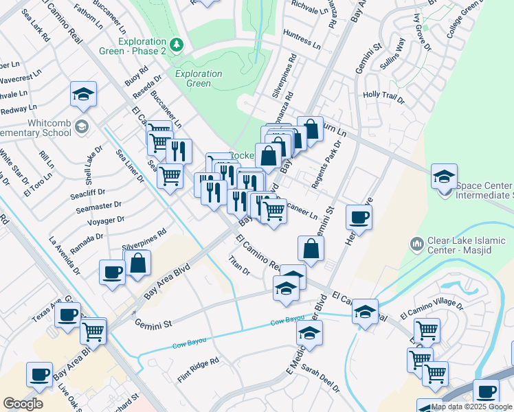 map of restaurants, bars, coffee shops, grocery stores, and more near 1065 Bay Area Boulevard in Houston