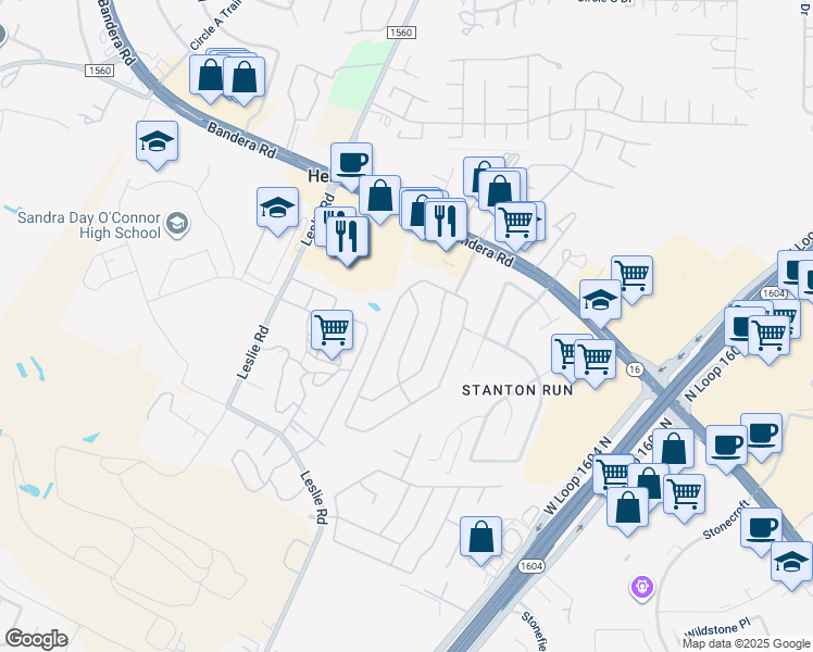 map of restaurants, bars, coffee shops, grocery stores, and more near 12023 Ghostbridge in Helotes