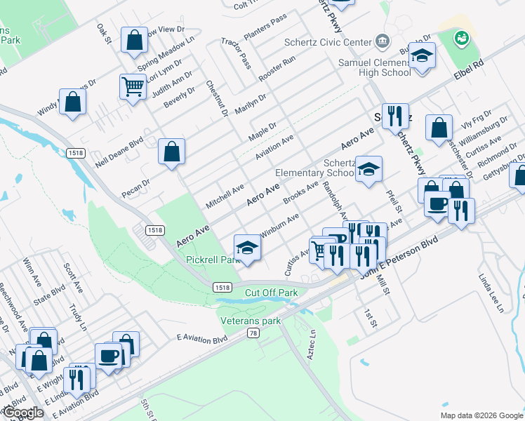 map of restaurants, bars, coffee shops, grocery stores, and more near 315 Brooks Avenue in Schertz