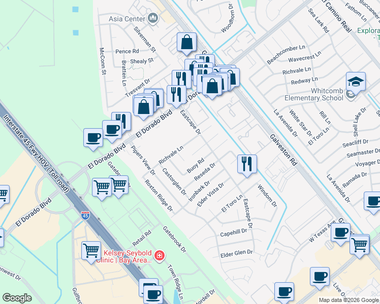 map of restaurants, bars, coffee shops, grocery stores, and more near 407 Redway Lane in Webster