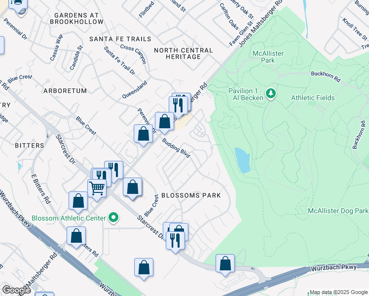 map of restaurants, bars, coffee shops, grocery stores, and more near 1809 Budding Boulevard in San Antonio