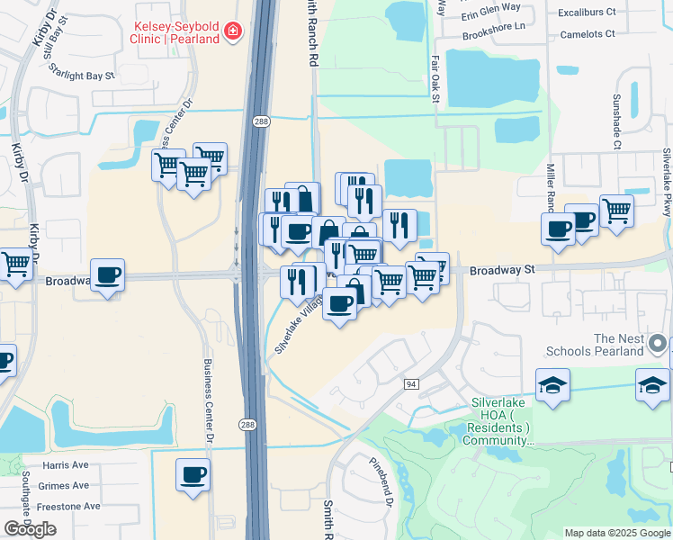 map of restaurants, bars, coffee shops, grocery stores, and more near 10517 Broadway Street in Pearland