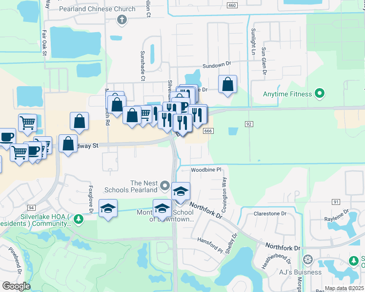 map of restaurants, bars, coffee shops, grocery stores, and more near 2225 County Road 90 in Pearland