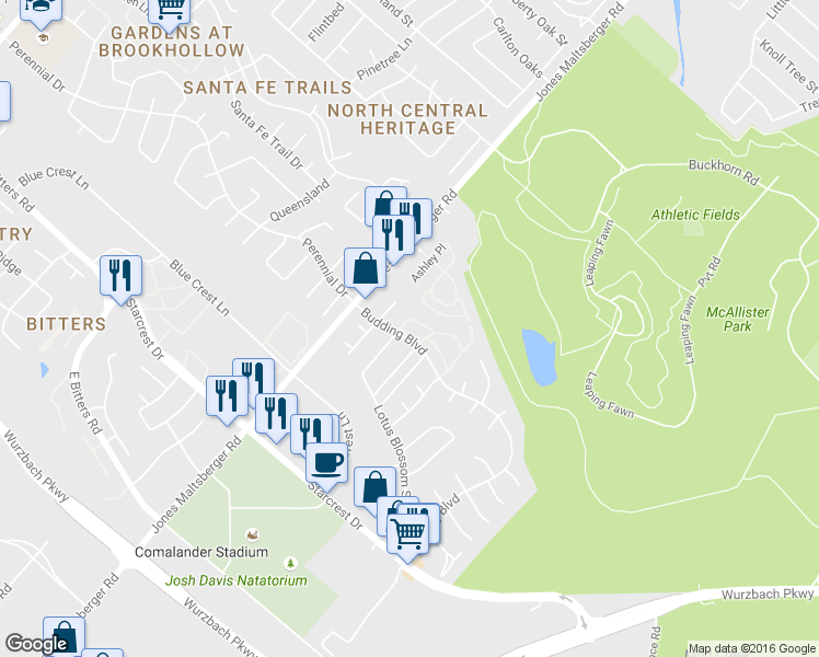 map of restaurants, bars, coffee shops, grocery stores, and more near 1809 Budding Boulevard in San Antonio