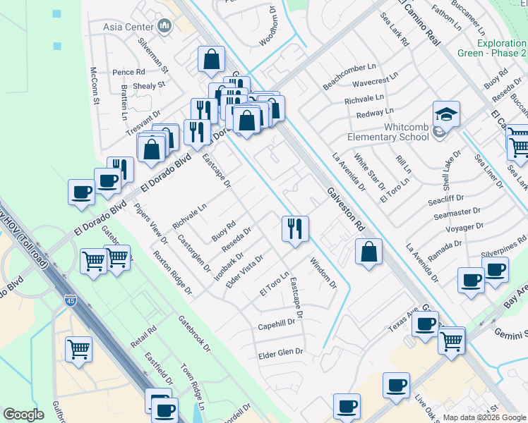 map of restaurants, bars, coffee shops, grocery stores, and more near 467 Reseda Drive in Webster