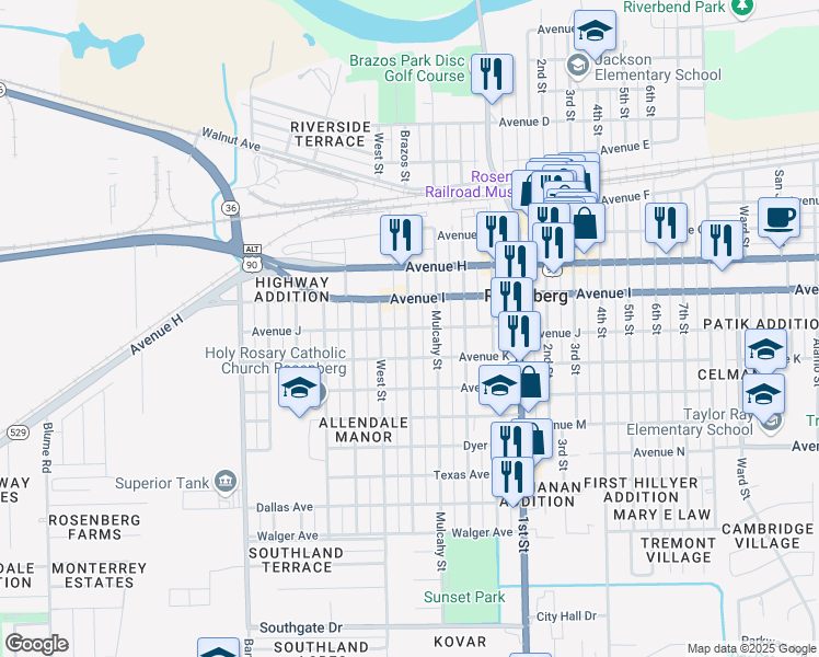 map of restaurants, bars, coffee shops, grocery stores, and more near Brazos Street in Rosenberg