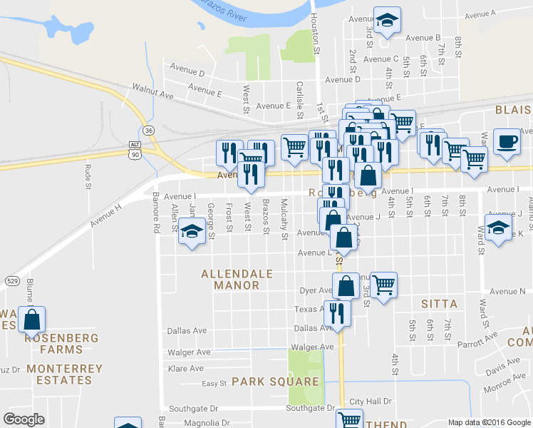 map of restaurants, bars, coffee shops, grocery stores, and more near Brazos Street in Rosenberg