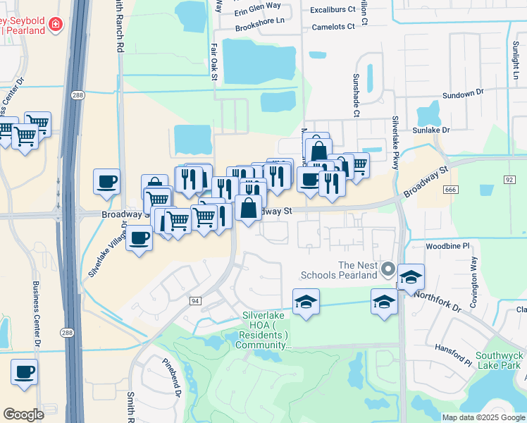 map of restaurants, bars, coffee shops, grocery stores, and more near 10108 Broadway Street in Pearland