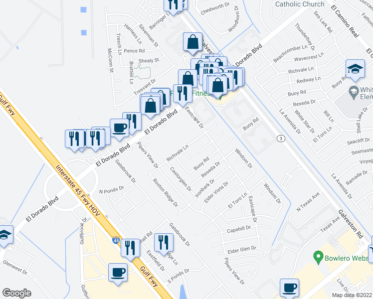 map of restaurants, bars, coffee shops, grocery stores, and more near 407 Redway Lane in Webster