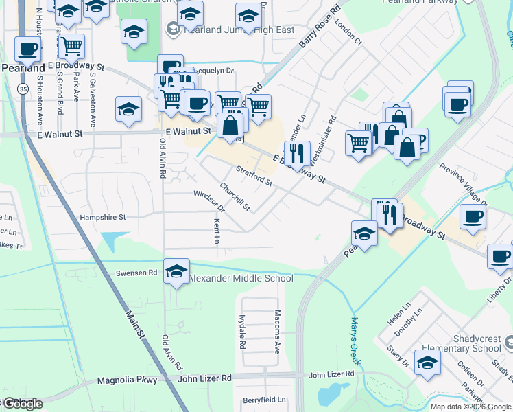 map of restaurants, bars, coffee shops, grocery stores, and more near 2711 Churchill Street in Pearland