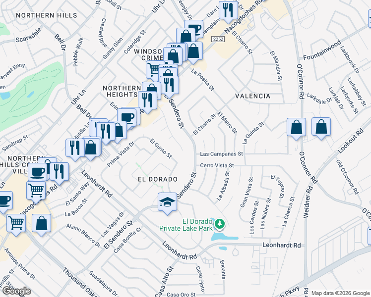 map of restaurants, bars, coffee shops, grocery stores, and more near 13002 Los Espanada Street in San Antonio