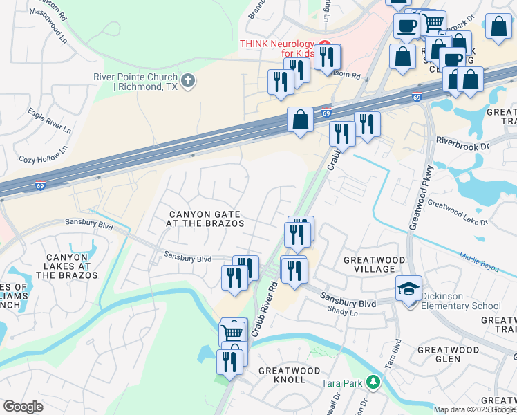 map of restaurants, bars, coffee shops, grocery stores, and more near 1515 Brazos Gate Drive in Richmond