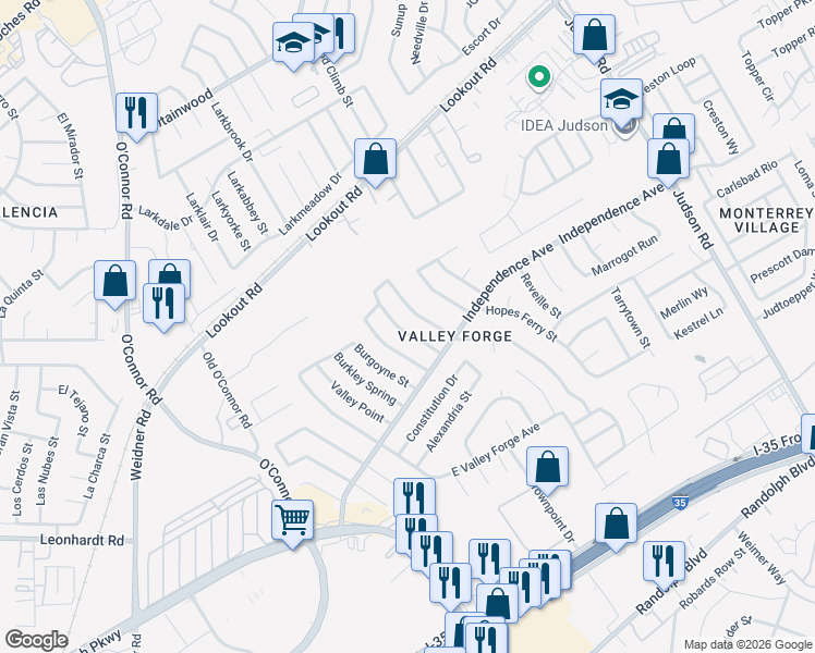 map of restaurants, bars, coffee shops, grocery stores, and more near 5839 Freemans Farm Street in San Antonio
