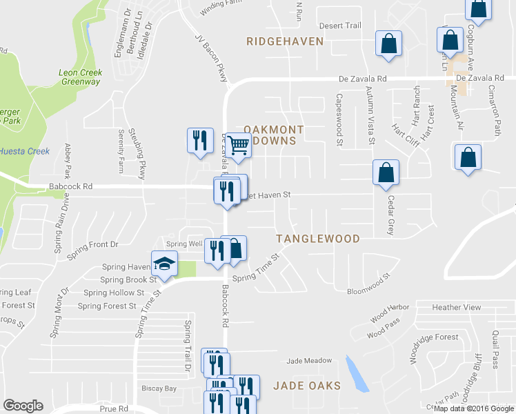 map of restaurants, bars, coffee shops, grocery stores, and more near 6319 Echo Canyon Street in San Antonio