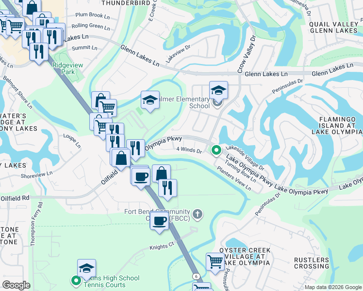 map of restaurants, bars, coffee shops, grocery stores, and more near 4418 Captains Court in Missouri City