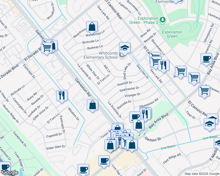 map of restaurants, bars, coffee shops, grocery stores, and more near 727 Seacliff Drive in Houston