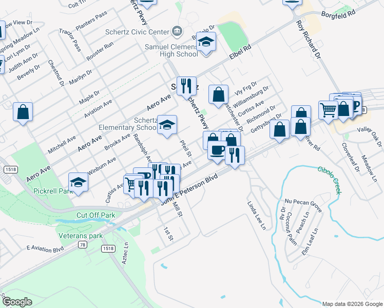 map of restaurants, bars, coffee shops, grocery stores, and more near 307 Pfeil Street in Schertz