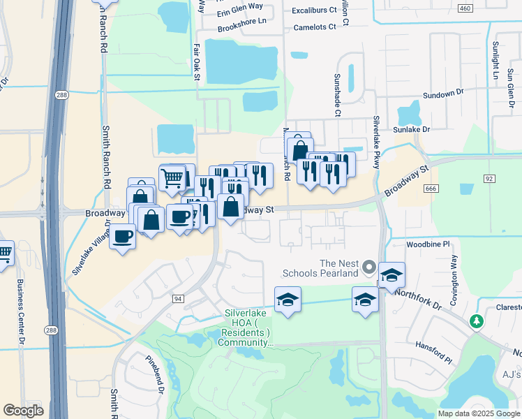 map of restaurants, bars, coffee shops, grocery stores, and more near 10000 Broadway Street in Pearland