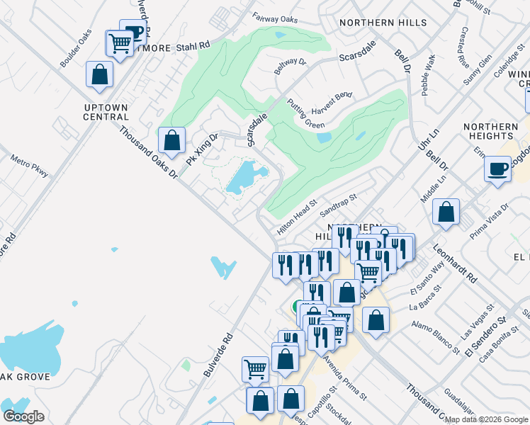 map of restaurants, bars, coffee shops, grocery stores, and more near 12619 Woodbrace Street in San Antonio
