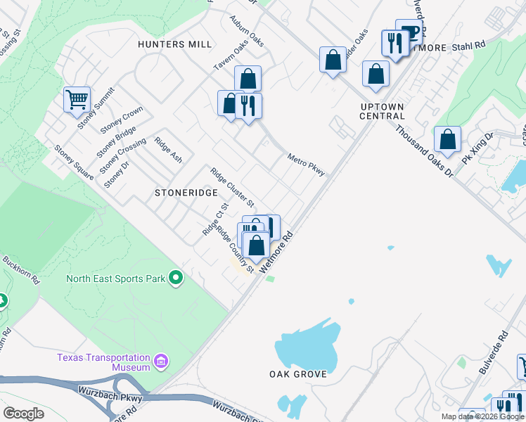 map of restaurants, bars, coffee shops, grocery stores, and more near 12248 Ridge Crown Street in San Antonio