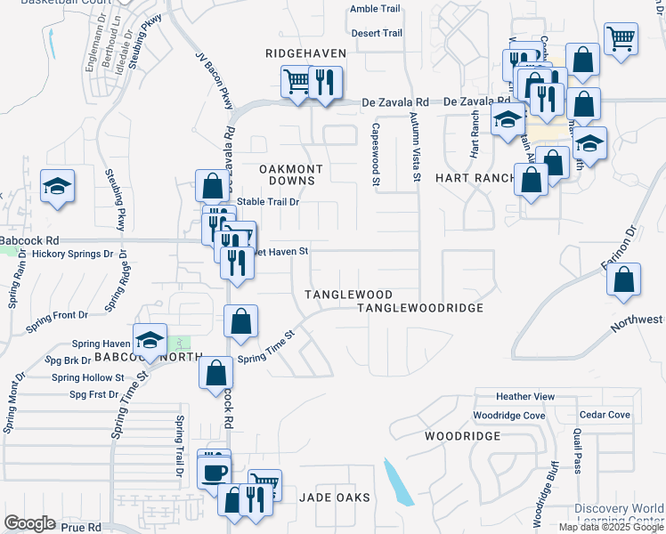map of restaurants, bars, coffee shops, grocery stores, and more near 11931 Mesquite Mesa St in San Antonio