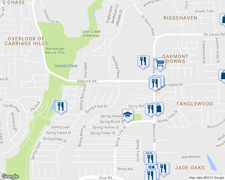 map of restaurants, bars, coffee shops, grocery stores, and more near 11782 Spring Song Drive in San Antonio