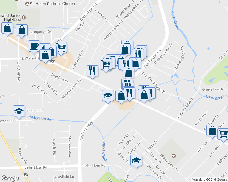 map of restaurants, bars, coffee shops, grocery stores, and more near 2865 Broadway Street in Pearland