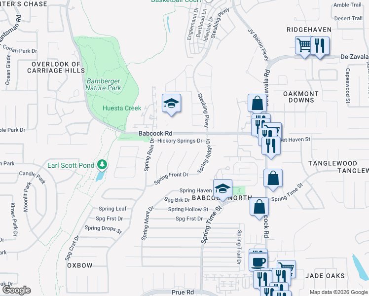 map of restaurants, bars, coffee shops, grocery stores, and more near 11774 Spring Dale Drive in San Antonio