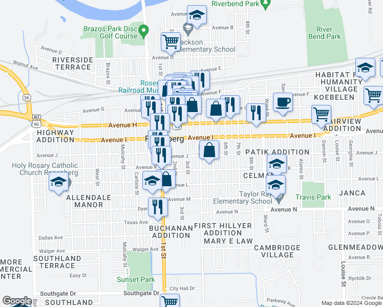 map of restaurants, bars, coffee shops, grocery stores, and more near 1127 3rd Street in Rosenberg