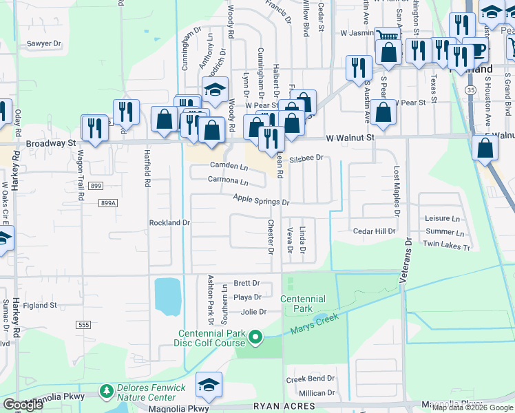 map of restaurants, bars, coffee shops, grocery stores, and more near 5012 Apple Springs Drive in Pearland