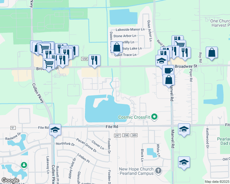 map of restaurants, bars, coffee shops, grocery stores, and more near 2850 Oak Road in Pearland