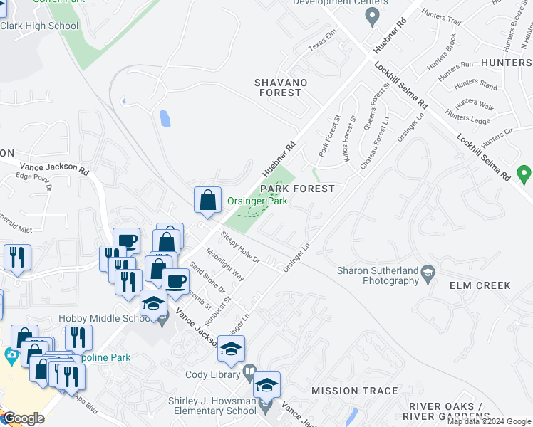 map of restaurants, bars, coffee shops, grocery stores, and more near 13 Orsinger Field in San Antonio