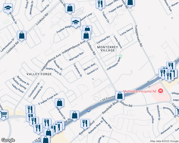 map of restaurants, bars, coffee shops, grocery stores, and more near 6419 Kestrel Lane in San Antonio