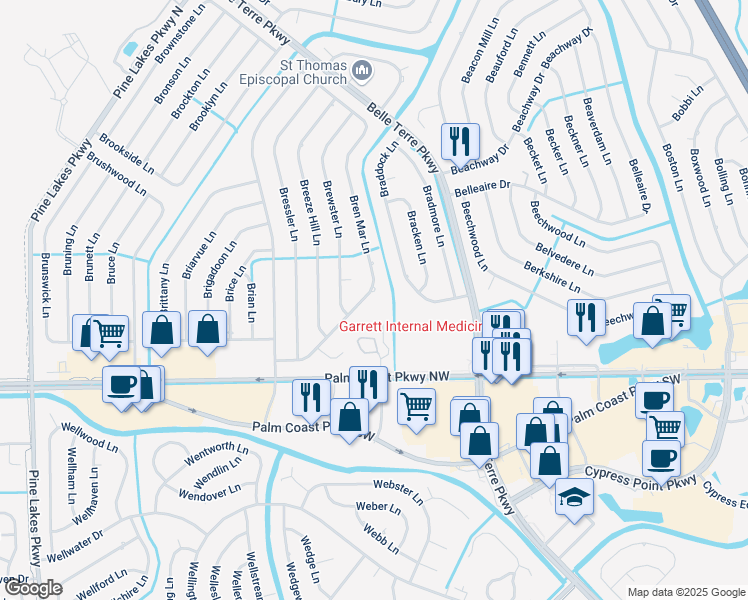 map of restaurants, bars, coffee shops, grocery stores, and more near 64 Bren Mar Lane in Palm Coast