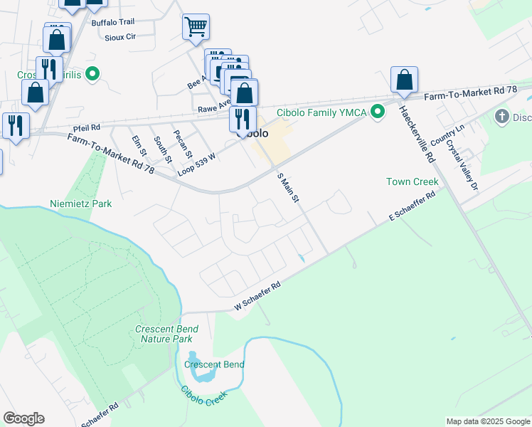 map of restaurants, bars, coffee shops, grocery stores, and more near 140 Red River in Cibolo