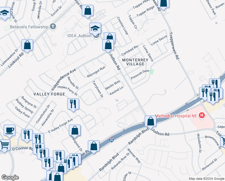 map of restaurants, bars, coffee shops, grocery stores, and more near 6419 Kestrel Lane in San Antonio