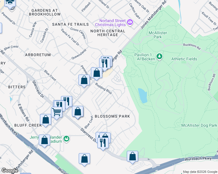 map of restaurants, bars, coffee shops, grocery stores, and more near 1809 Budding Boulevard in San Antonio