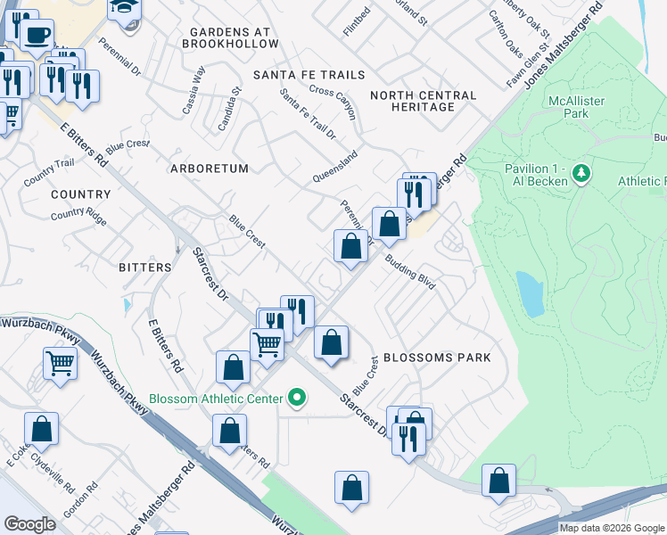 map of restaurants, bars, coffee shops, grocery stores, and more near 12511 Jones Maltsberger Road in San Antonio