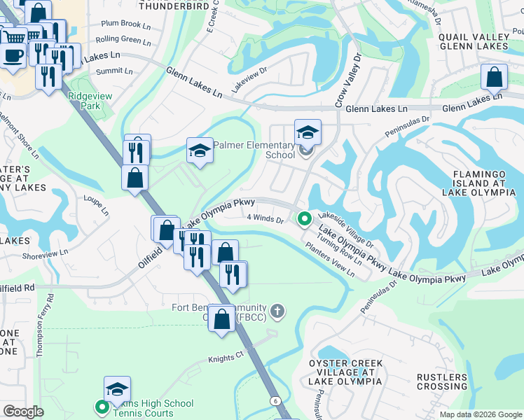 map of restaurants, bars, coffee shops, grocery stores, and more near 4418 Captains Court in Missouri City