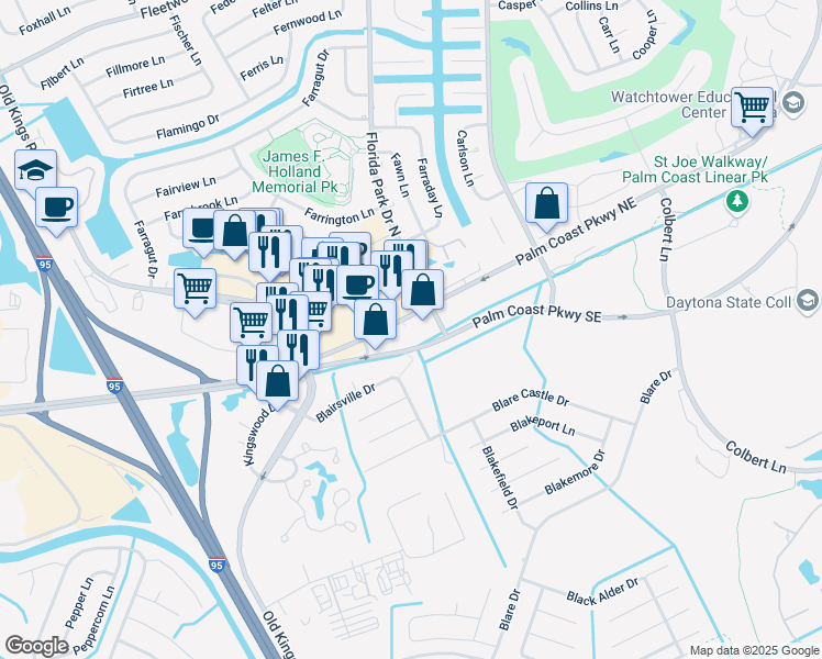 map of restaurants, bars, coffee shops, grocery stores, and more near 235 Palm Coast Parkway Northeast in Palm Coast