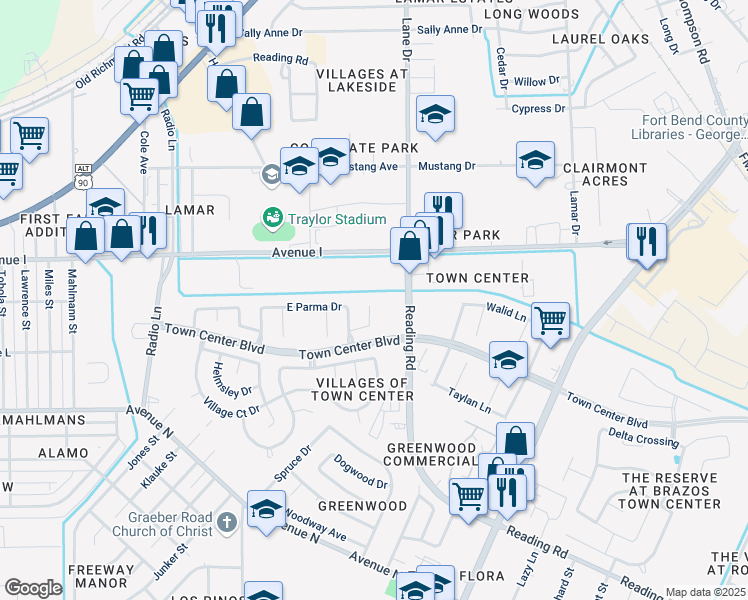 map of restaurants, bars, coffee shops, grocery stores, and more near 5124 Alderney Court in Rosenberg